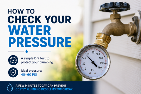 Water pressure gauge attached to an outdoor hose spigot showing PSI reading, with text ‘How to Check Your Water Pressure’ and note about ideal pressure range of 40–60 PSI.