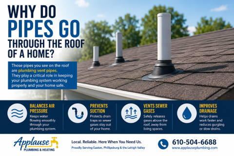 Plumbing vent pipes extending through a residential roof to allow airflow and safely vent sewer gases from the home.