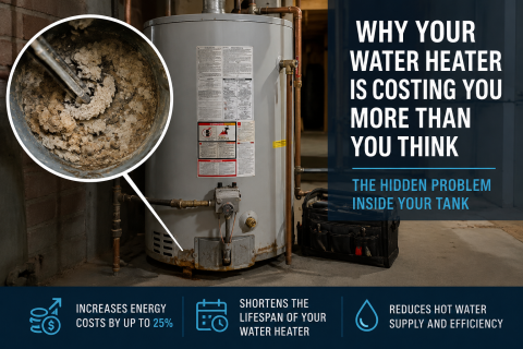 Residential basement water heater with visible sediment buildup inside tank, showing mineral deposits that reduce efficiency and increase energy costs.