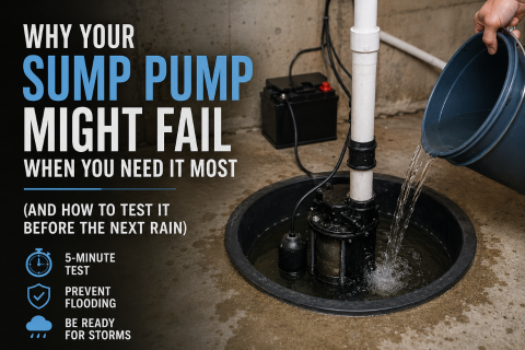 Testing a sump pump by pouring water into the pit in a basement to prevent flooding before heavy rain.