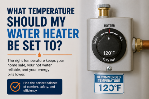 Blog-style banner image showing a water heater temperature control dial set to 120°F, with the title “What Temperature Should My Water Heater Be Set To?” and supporting text about safety, efficiency, and lowering energy costs.