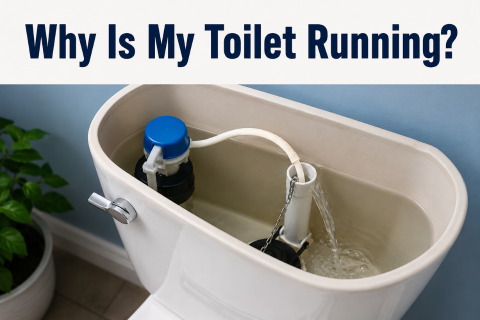 Close-up image of an open toilet tank showing internal components (fill valve, fill tube, flapper, and overflow tube) with water visibly flowing into the overflow area, illustrating a running toilet issue, with a large headline at the top reading “Why Is My Toilet Running?