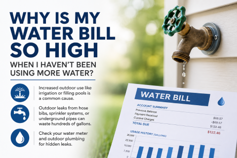 High water bill causes including outdoor water use, irrigation, and leaking hose bib shown with dripping outdoor faucet and bill