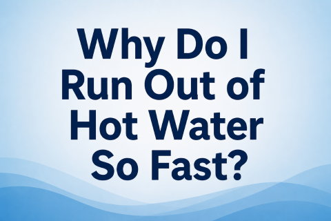 Minimalist graphic with a soft blue gradient background and subtle wave design at the bottom, featuring the bold title “Why Do I Run Out of Hot Water So Fast?” centered in large dark blue text.