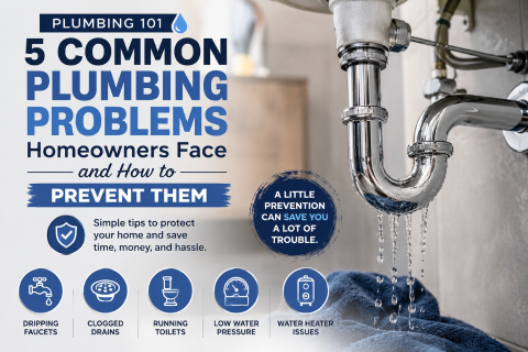 Infographic titled ‘5 Common Plumbing Problems Homeowners Face and How to Prevent Them,’ showing a modern chrome pipe with dripping water and icons representing common issues like dripping faucets, clogged drains, running toilets, low water pressure, and water heater problems, with a focus on home plumbing maintenance and prevention tips.