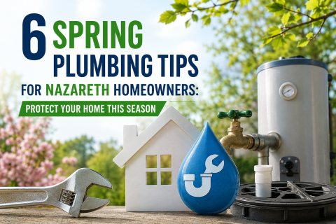 Spring plumbing tips image showing a sump pump, outdoor faucet, wrench, and house icon with the title “6 Spring Plumbing Tips for Nazareth Homeowners: Protect Your Home This Season” in a bright outdoor setting.