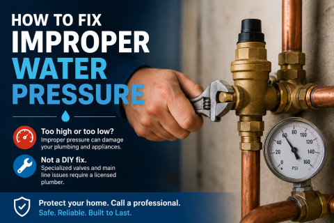 Plumber adjusting PRV valve with gauge showing water pressure, titled ‘How to Fix Improper Water Pressure.