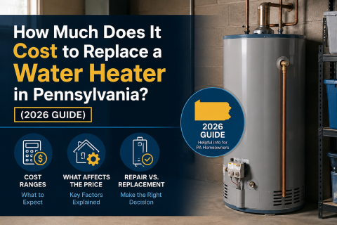 Cost to replace a water heater in Pennsylvania 2026 guide with residential tank water heater and icons showing pricing, factors, and repair vs replacement.