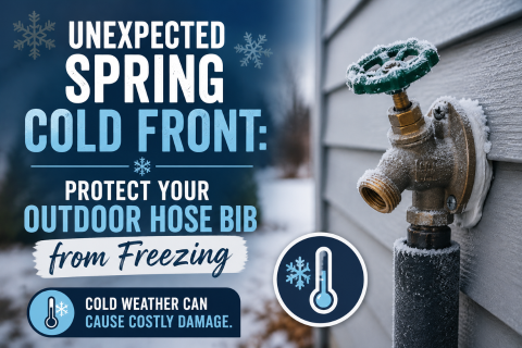 Unexpected spring cold front warning showing a frozen outdoor hose bib on a house with text about protecting outdoor faucets from freezing and cold weather damage.