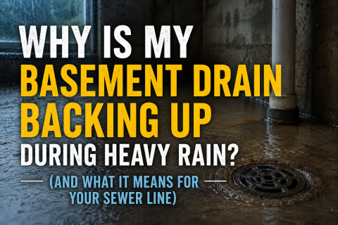 Basement floor drain with water pooling during heavy rain, illustrating a sewer backup issue. Bold overlay text reads ‘Why Is My Basement Drain Backing Up During Heavy Rain?’ with a focus on potential sewer line problems.