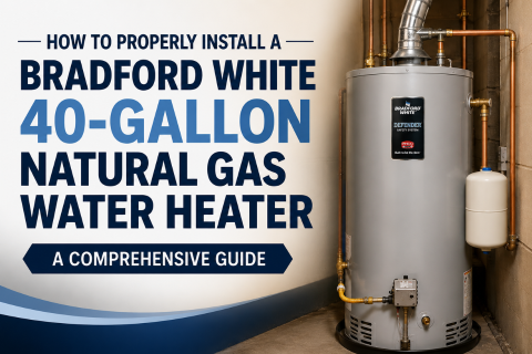 Bradford White 40-gallon natural gas water heater installed in a residential basement with copper piping and venting system.
