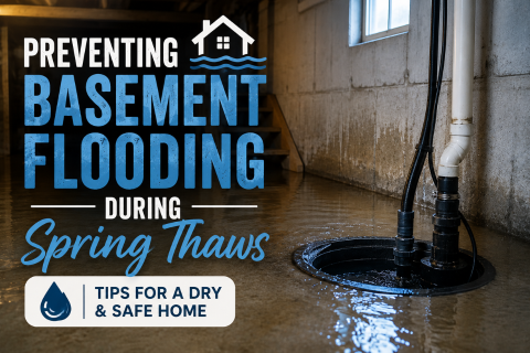 Preventing basement flooding during spring thaws with flooded basement and sump pump system removing water, highlighting tips for a dry and safe home.