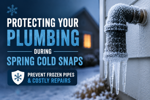 Spring cold snap home with frost and outdoor pipes, illustrating tips to prevent frozen pipes and avoid costly plumbing repairs.