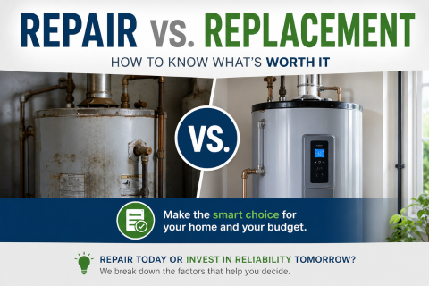 Blog header graphic titled ‘Repair vs. Replacement: How to Know What’s Worth It’ showing a split image comparison of an old, worn water heater on the left and a modern water heater on the right, with supporting text emphasizing choosing between repair and replacement for home plumbing systems.