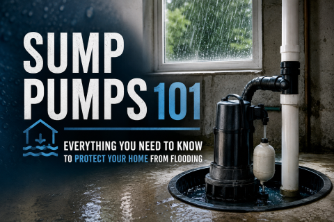 Blog header image showing a basement sump pump system during heavy rain, with bold text reading ‘SUMP PUMPS 101’ and subtitle ‘Everything You Need to Know to Protect Your Home from Flooding.