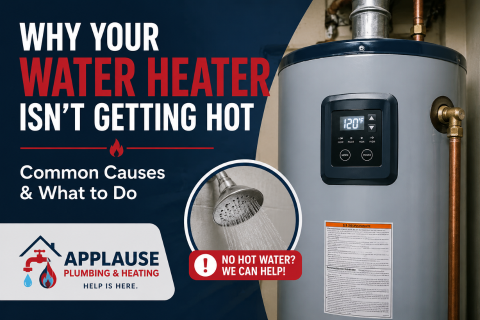 Why water heater isn’t getting hot – common causes and fixes with tank water heater and shower image.