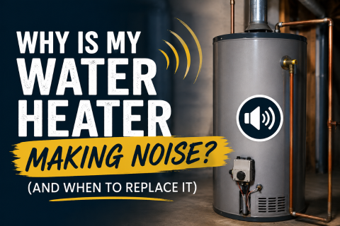 Residential water heater in basement making rumbling noise, blog title ‘Why Is My Water Heater Making Noise?’ displayed on image.