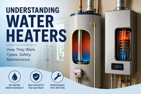 Infographic showing a traditional tank water heater and a tankless water heater with the title “Understanding Water Heaters” and brief text about how they work, types, safety, and maintenance.