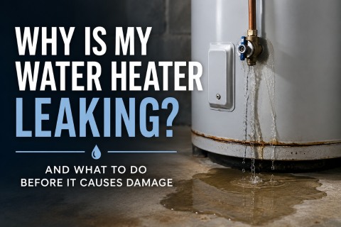 Water heater leaking at the base in a basement with visible water pooling, alongside bold text reading ‘Why Is My Water Heater Leaking? And What to Do Before It Causes Damage.’