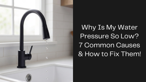 Kitchen sink faucet with low water pressure, showing a weak stream of water. Used for an article on common causes of low water pressure in homes.