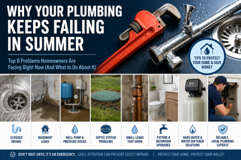 Why your plumbing keeps failing in summer: infographic showing common plumbing problems including clogged drains, basement leaks, well pump issues, septic problems, pipe leaks, bathroom repairs, and water softener solutions.