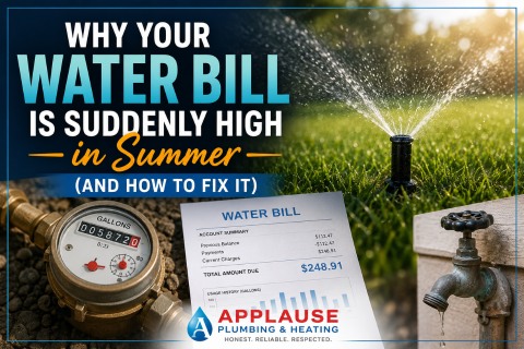 Why your water bill is suddenly high in summer infographic showing sprinkler, water meter, outdoor faucet, and bill with tips to fix high water usage.