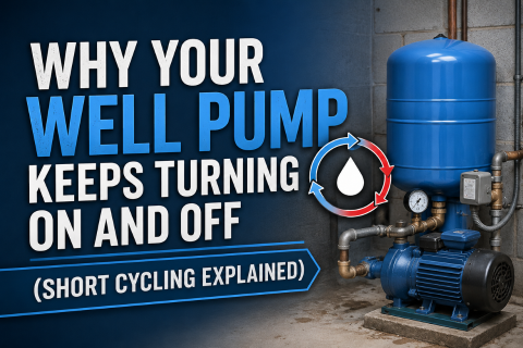 Well pump and pressure tank system with text explaining why a well pump keeps turning on and off (short cycling).