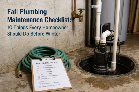 Basement utility room with a sump pump, water heater, garden hose, and fall plumbing maintenance checklist before winter.