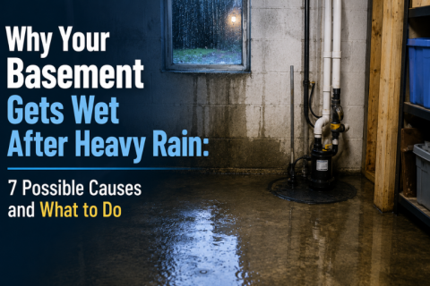 Wet basement with standing water around a sump pump after heavy rain, illustrating common causes of basement leaks and flooding.