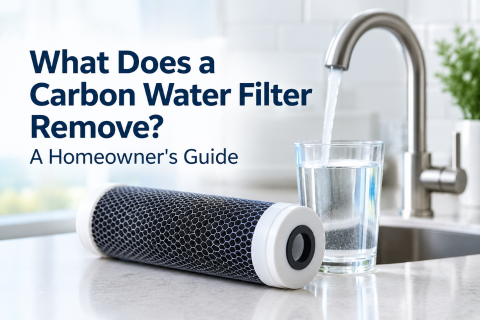 A clean kitchen countertop with an activated carbon water filter cartridge beside a glass being filled from a modern faucet. Large text reads, "What Does a Carbon Water Filter Remove? A Homeowner's Guide."