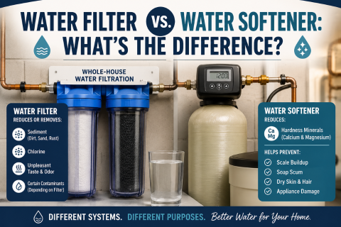 Comparison of a whole-house water filtration system and a residential water softener installed on home plumbing, illustrating the differences between water filtration, which reduces sediment, chlorine, and odors, and water softening, which reduces hard water minerals to help prevent scale buildup.