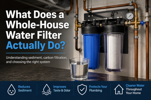 Whole-house water filtration system installed on residential plumbing with sediment and carbon filter housings, copper piping, and a glass of clean drinking water.