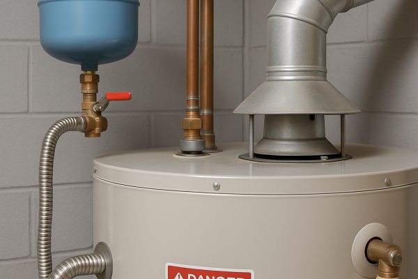 Close-up view of a professional plumber inspecting a residential hot water heater, showing pipes, pressure valves, and the heater tank, representing maintenance and care for home water heating systems.