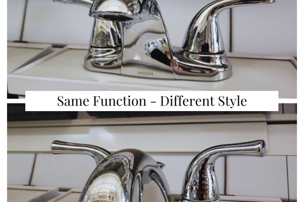 A comparison of the style and design of the Moen and Delta bathroom faucet.