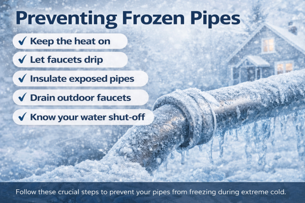 Frozen pipe outside a home with winter tips to prevent frozen pipes.