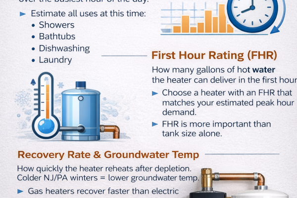 Water heater sizing infographic showing peak hour demand, first hour rating, recovery rate, groundwater temperature impact, and tankless water heater sizing considerations by Applause Plumbing and Heating.