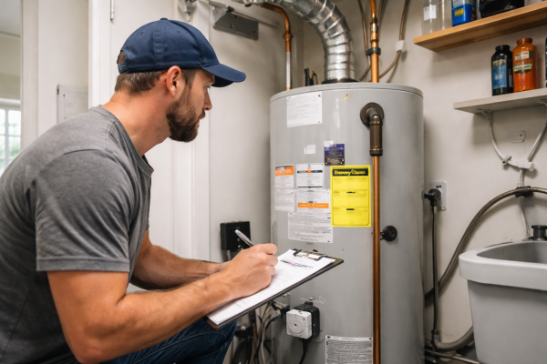 Plumber inspecting a hot water heater. 