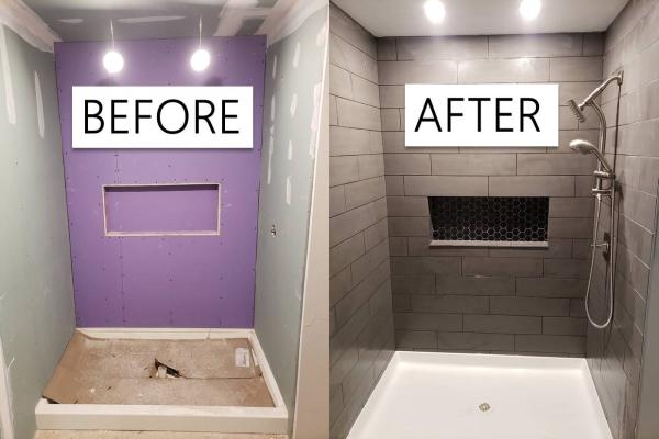 The before and after of a walk-in shower installation. The shower has gray wall tile, a black recessed shelf, a white shower base and a silver shower wand and overhead shower.