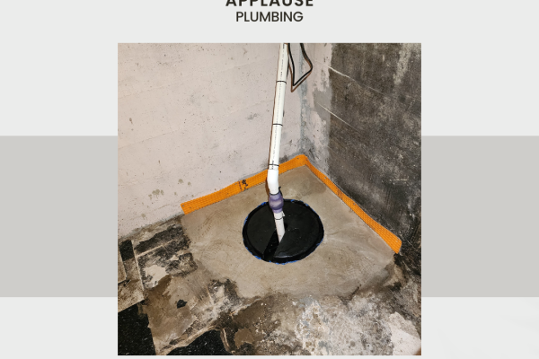 Newly installed sump pump in a customer's basement by Applause Plumbing and Heating in Phillipsburg, NJ. The sump pump is placed in a corner, surrounded by clean, dry basement flooring.