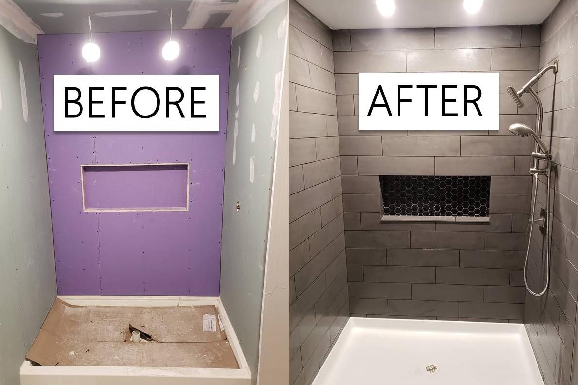Before and after of a stunning walk-in shower installation by Applause Plumbing and Heating in Bethlehem, PA. Gray wall tile, black recessed shelf, white shower base, and silver shower wand and overhead shower showcase the transformative craftsmanship. Connect with us on social media for captivating time-lapse videos and more inspiring transformations.