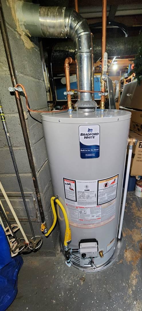 Bradford White 40 Gallon Natural Gas Water Heater installed by Applause Plumbing in a customer's basement in Forks, PA.